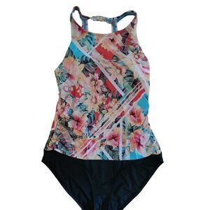 JANTZEN One Piece Haulter Hawaiian Floral Swimsuit Women's Size 12